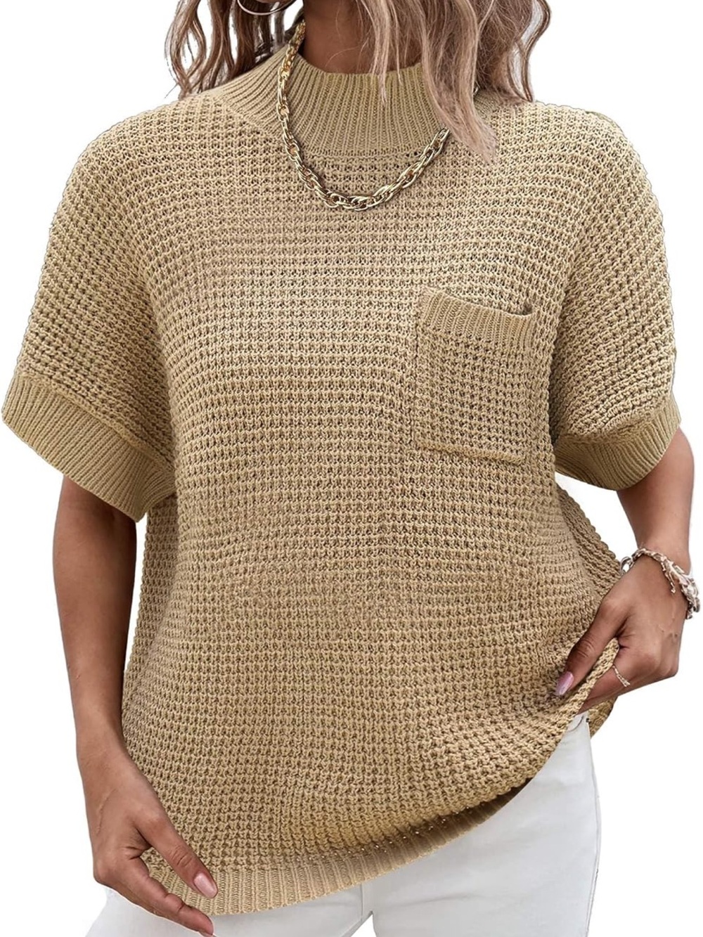 Oversized Crochet Knit Mock Neck Sweater Top Khaki S